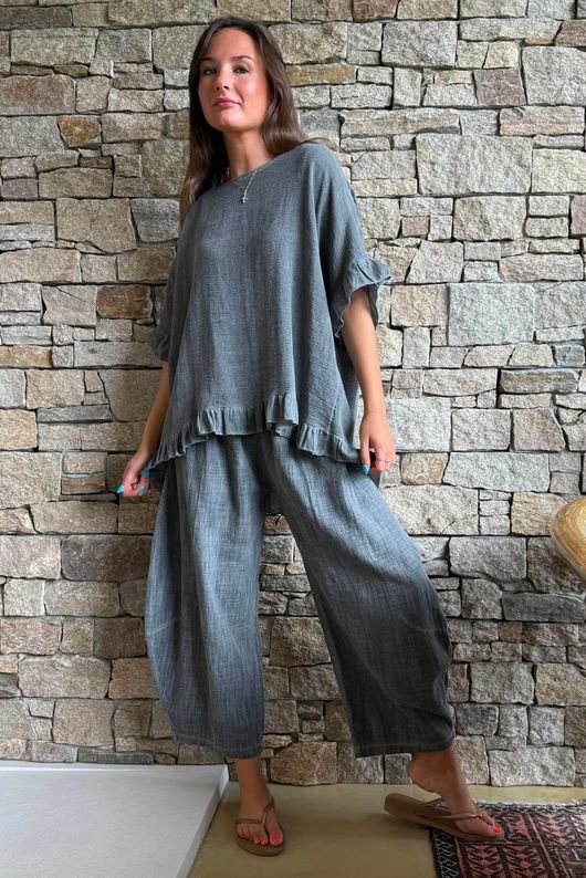Frame Hopsack Frill Box Top Washed Charcoal